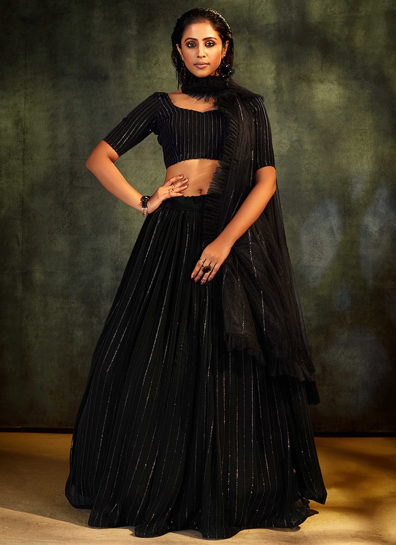 Black Georgette Embroidered N Sequins A Line Lehenga Party Wear