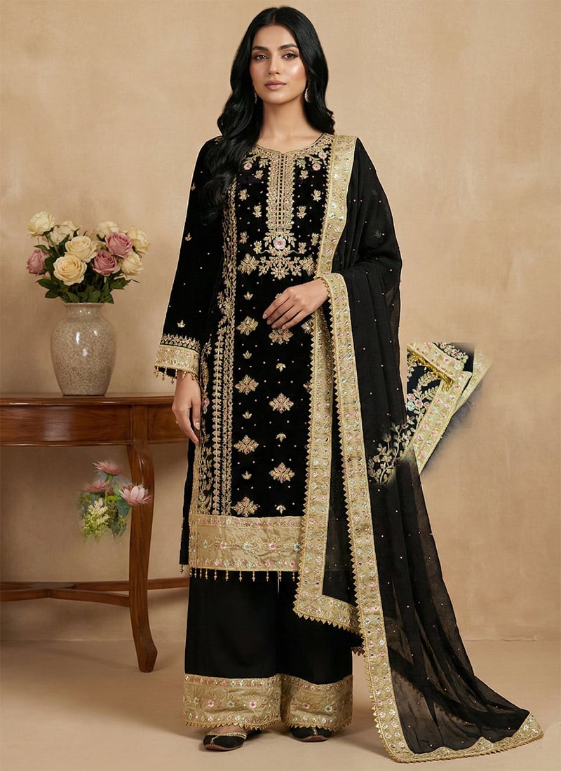 Black Georgette Embroidered Sequin Moti Palazzo Suit Festive Wear