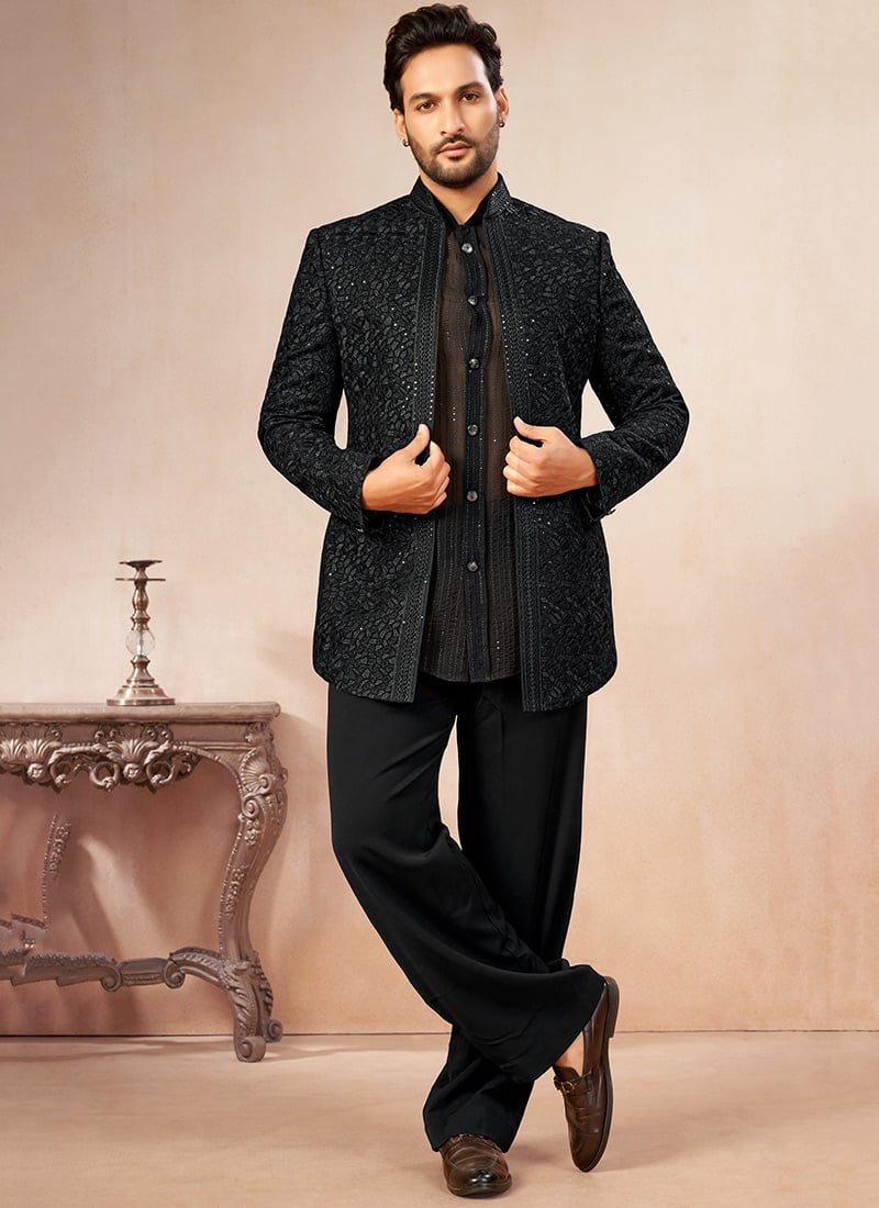 Black Georgette Embroidered Sequin Open Jodhpuri Indo Western Sherwani Wedding Wear