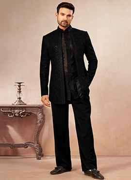 Black Georgette Embroidered Sequin Open Jodhpuri Indo Western Sherwani