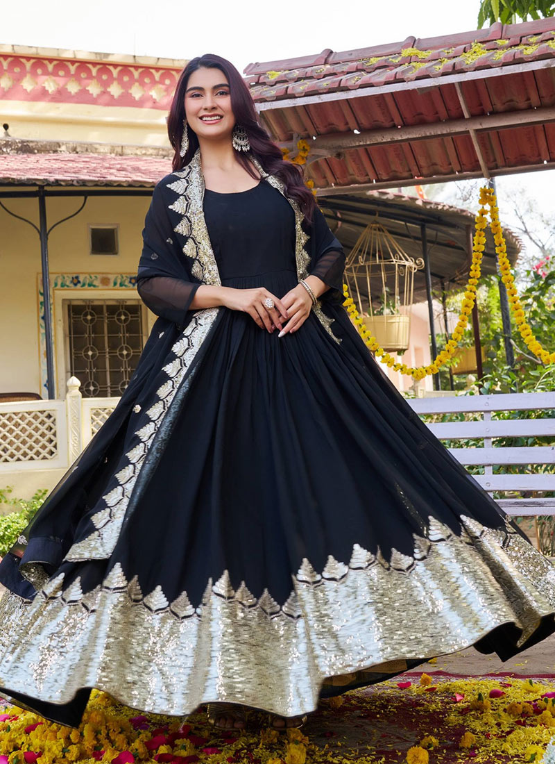 Black Georgette Embroidered Sequins Anarkali Gown Festive Wear