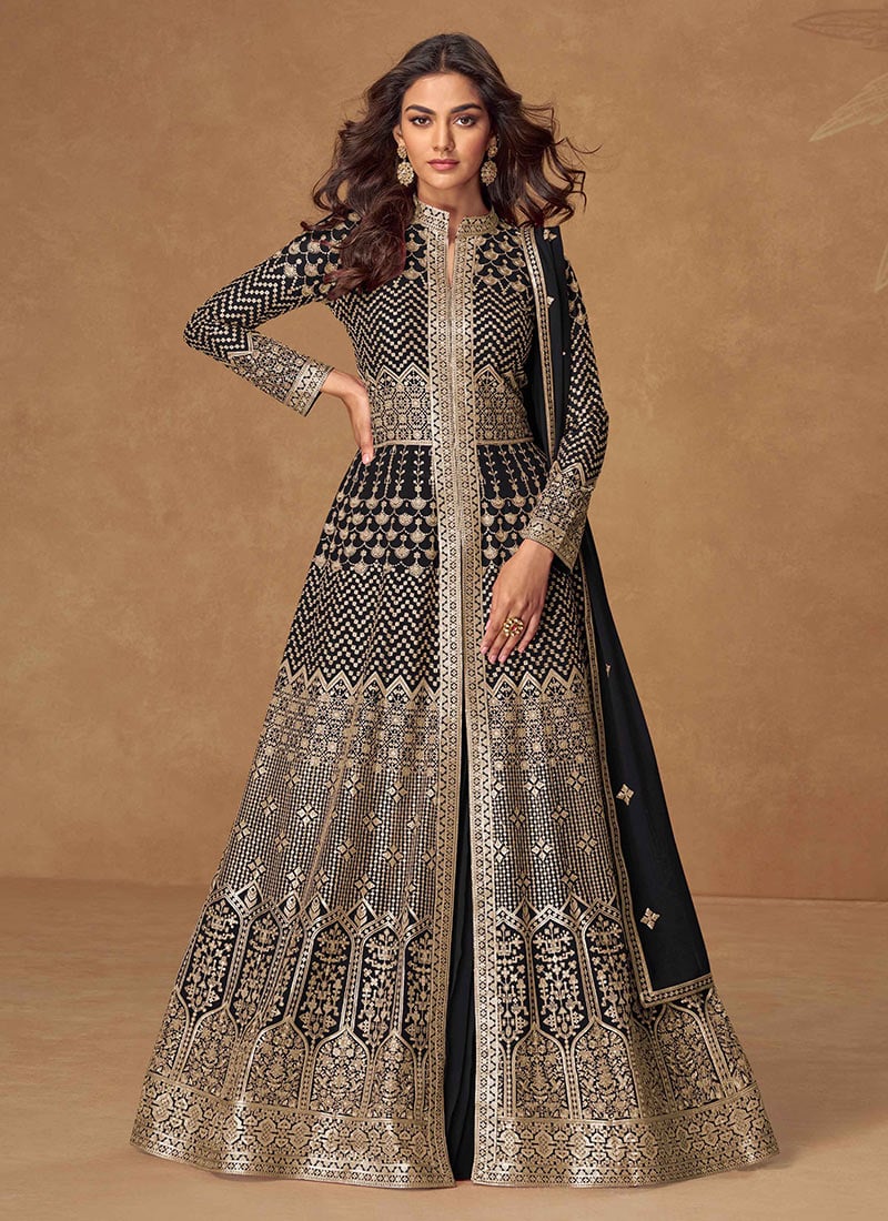 Black Georgette Embroidered Sequins Anarkali Lehenga Wedding Wear