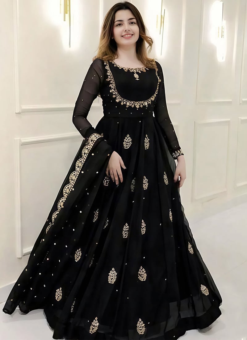 Black Georgette Embroidered Sequins Anarkali Set Festive Wear