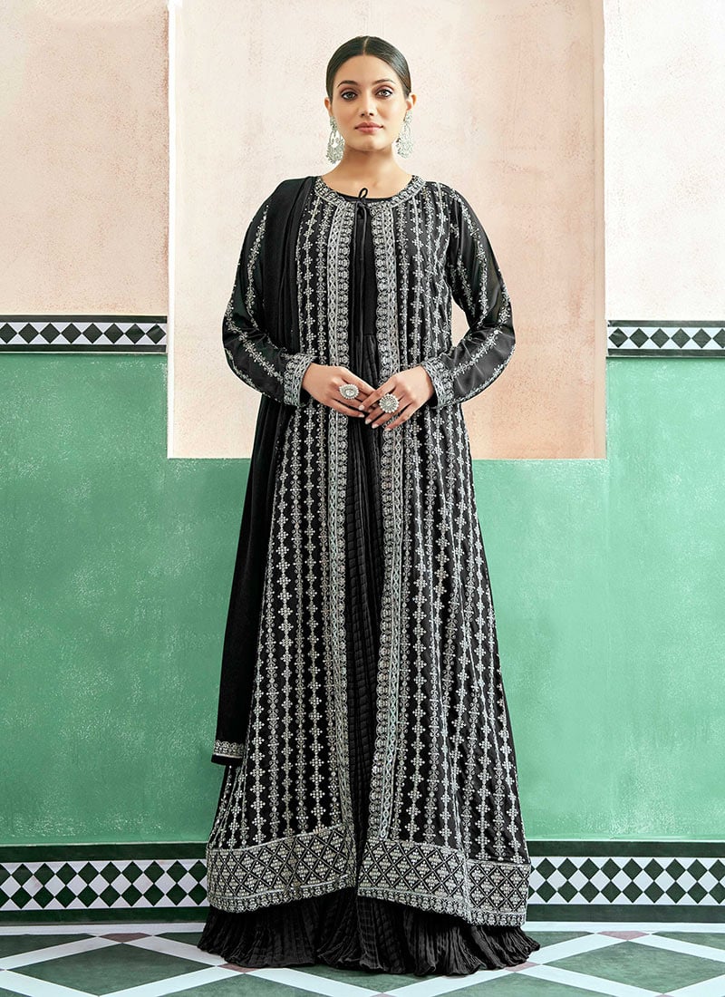 Black Georgette Embroidered Sequins Anarkali Suit With Jacket Festive Wear