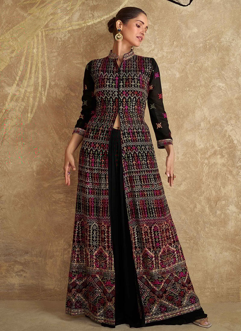 Black Georgette Embroidered Sequins High Slit Gorgeous Palazzo Suit Wedding Wear