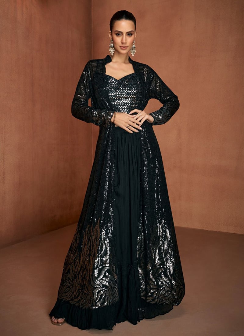 Black Georgette Embroidered Sequins Indowestern Jacket Palazzo Set Wedding Wear
