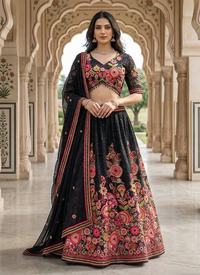 Black Georgette Embroidered Sequins Lehenga Wedding Wear