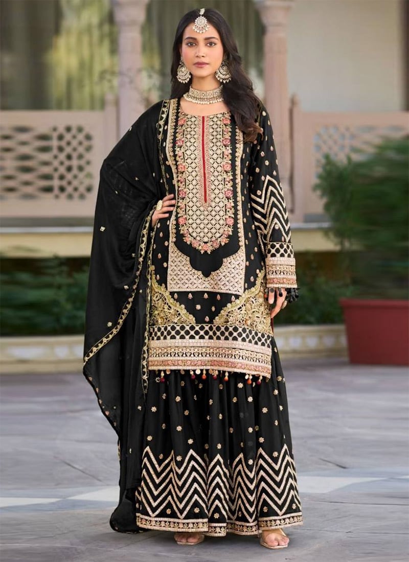 Black Georgette Embroidered Sequins Pakistani Palazzo Suit Festive Wear