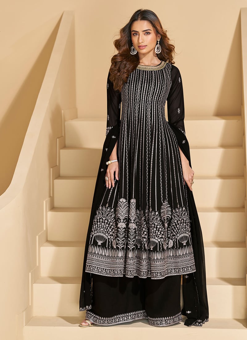 Black Georgette Embroidered Sequins Palazzo Suit Festive Wear