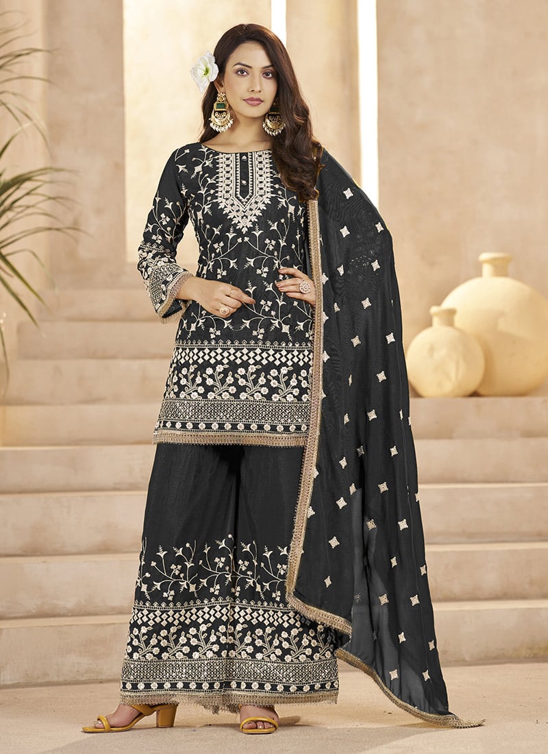 Black Georgette Embroidered Sequins Palazzo Suit Festive Wear