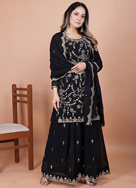 Black Georgette Embroidered Sequins Palazzo Suit