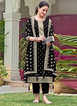 Black Georgette Embroidered Sequins Straight Pant Suit