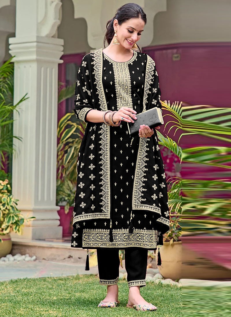 Black Georgette Embroidered Sequins Straight Pant Suit Festive Wear