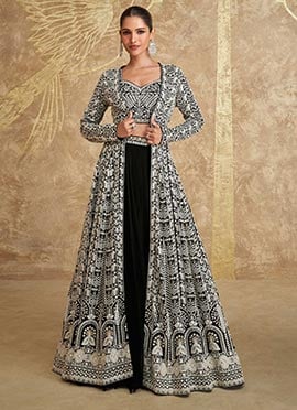 Black Georgette Embroidered Sequins Stylish Indowestern Jacket Lehenga