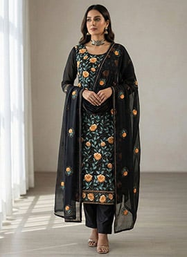 Black Georgette Embroidered Sequins Thread Straight Pant Suit