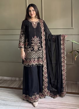 Black Georgette Embroidered Sequins With Beads Work Palazzo Suit