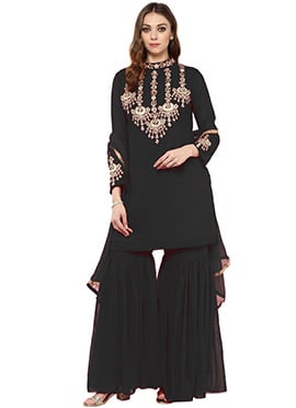 Black Georgette Embroidered Sharara Suit