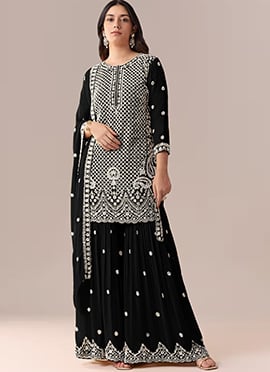 Black Georgette Embroidered Sharara Suit
