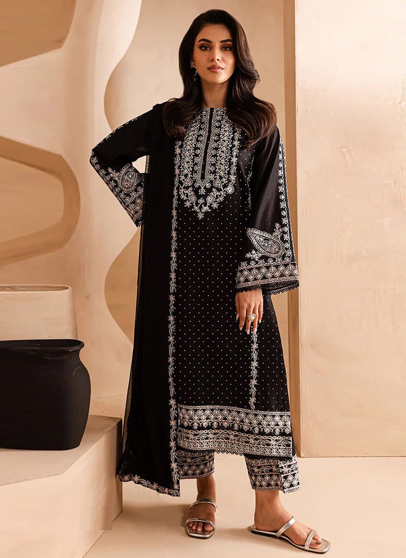 Black Georgette Embroidered Straight Pant Suit Festive Wear