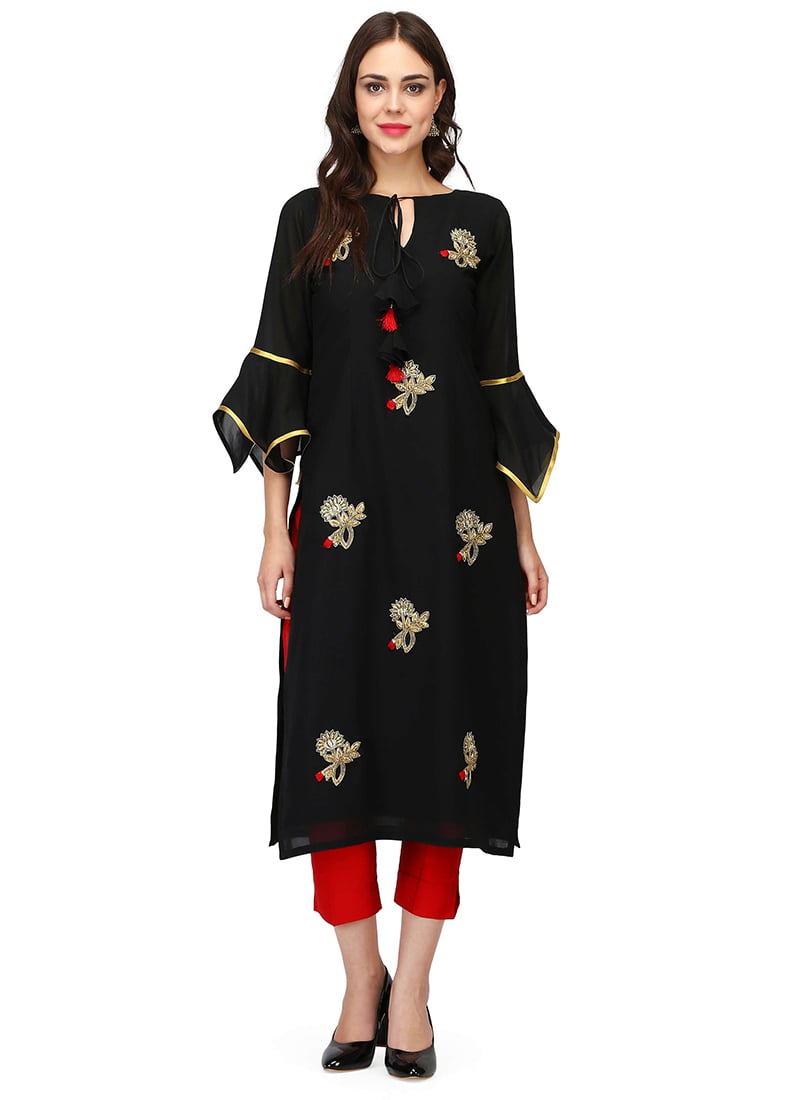 Black Georgette Embroidery Knee Length Kurti