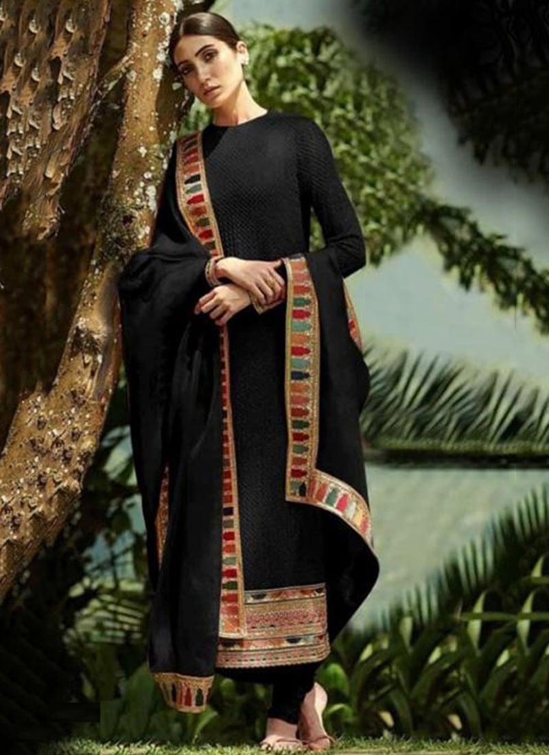 Black Georgette Embroidery Straight Pant Suit Party Wear