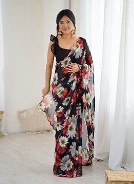 Black Georgette Floral Print Saree After Six Wear