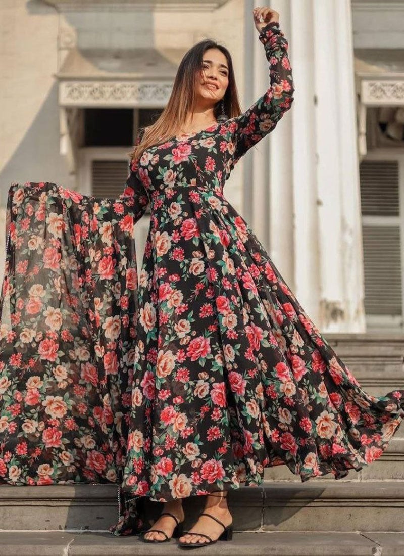 Black Georgette Floral Printed Anarkali Suit