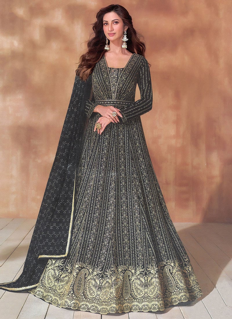 Black Georgette Gota Embroidered Sequins A Line Anarkali Suit Festive Wear