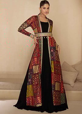 Black Georgette Gown Embossed Embroidered Sequins And Stones