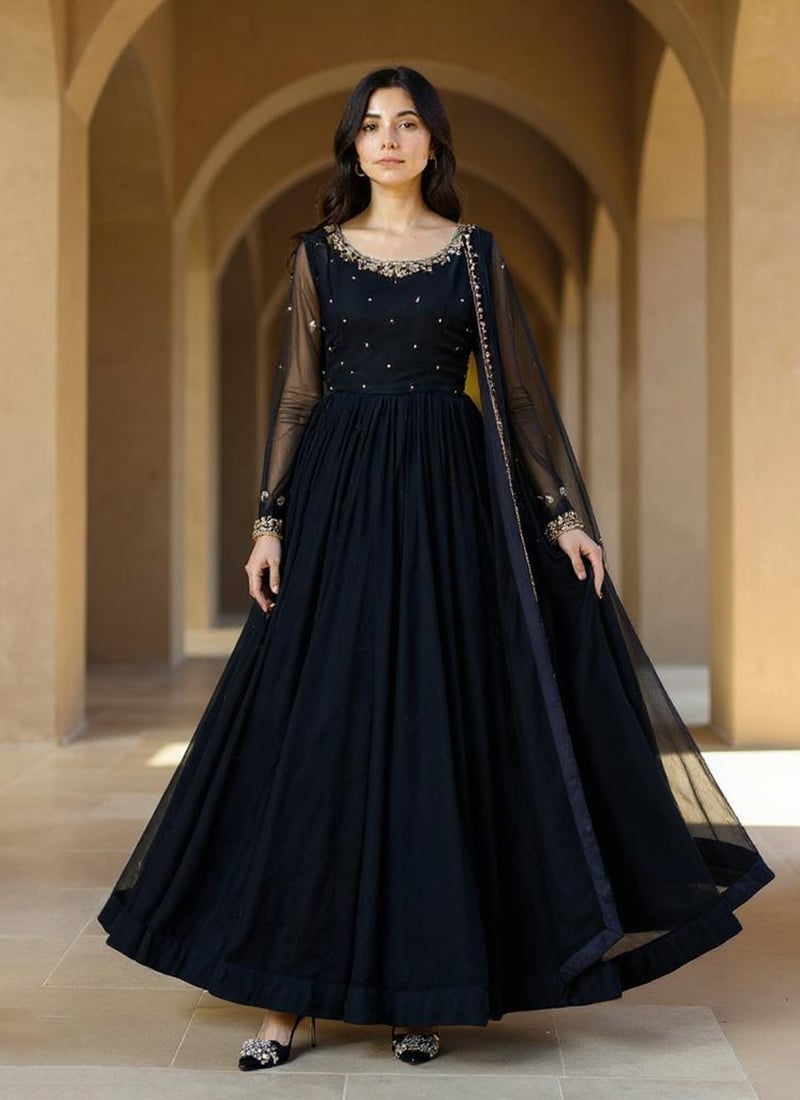Black Georgette Hand Embroidered A Line Anarkali Suit