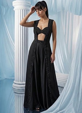 Black Georgette Hand Embroidered Indowestern Jacket Palazzo Set