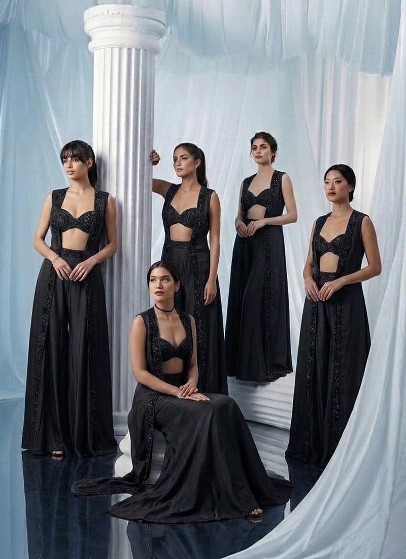Black Georgette Hand Embroidered Indowestern Jacket Palazzo Set Wedding Wear