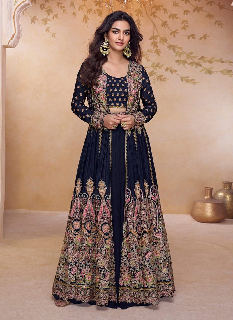 Black Georgette Hand Embroidered Indowwestern Palazzo Jacket Set Wedding Wear