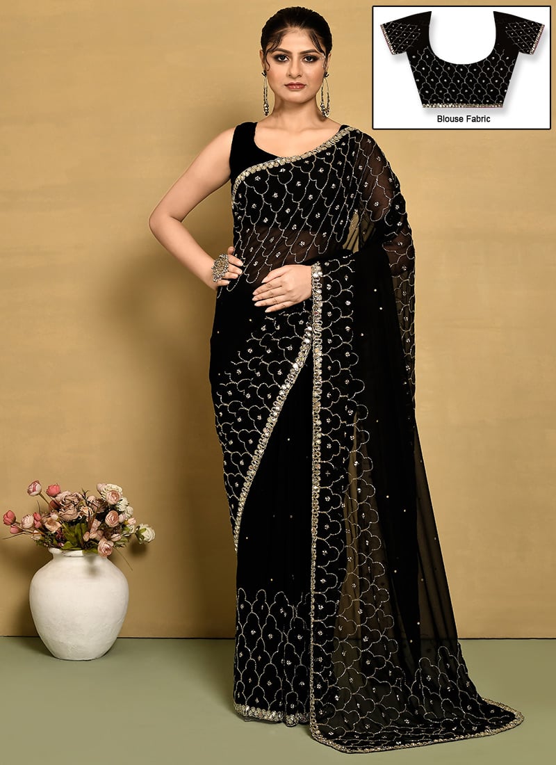 Black Georgette Hand Embroidered Saree Wedding Wear