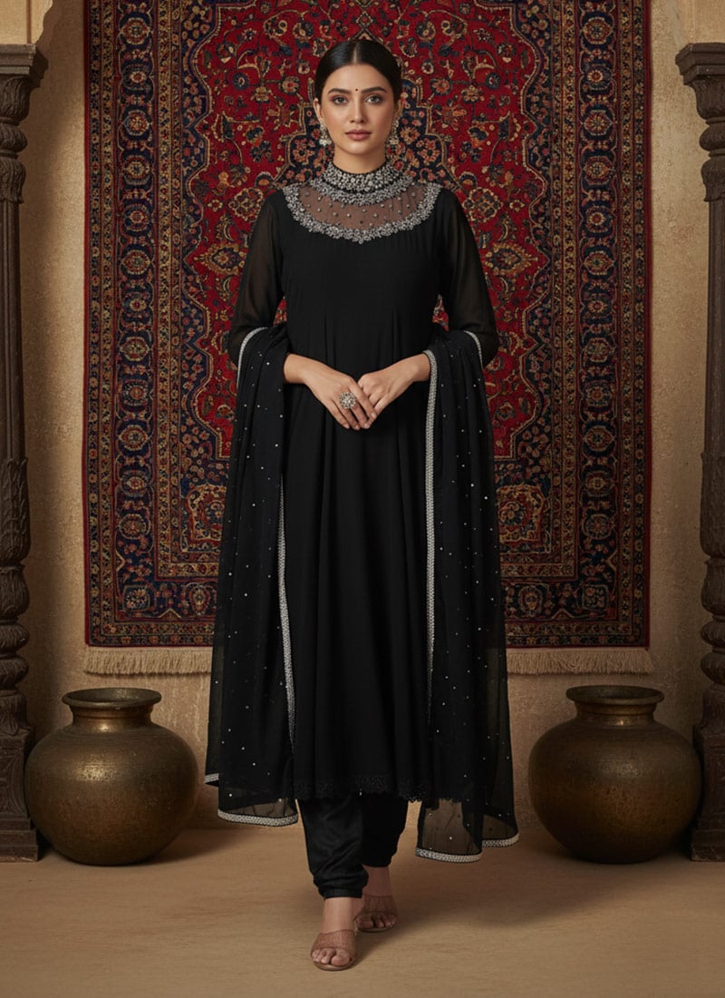 Black Georgette Hand Embroidered Sequins Anarkali Suit