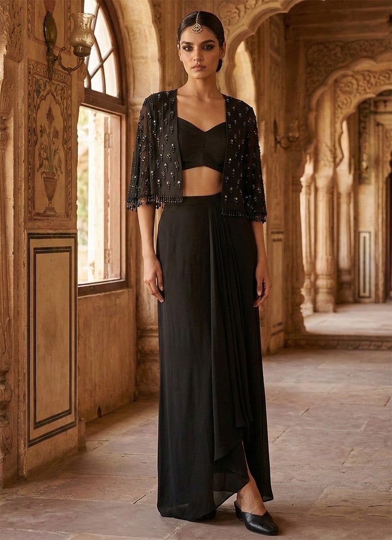 Black Georgette Hand Embroidered Sequins Beads Indowestern Skirt Set With Jacket Wedding Wear