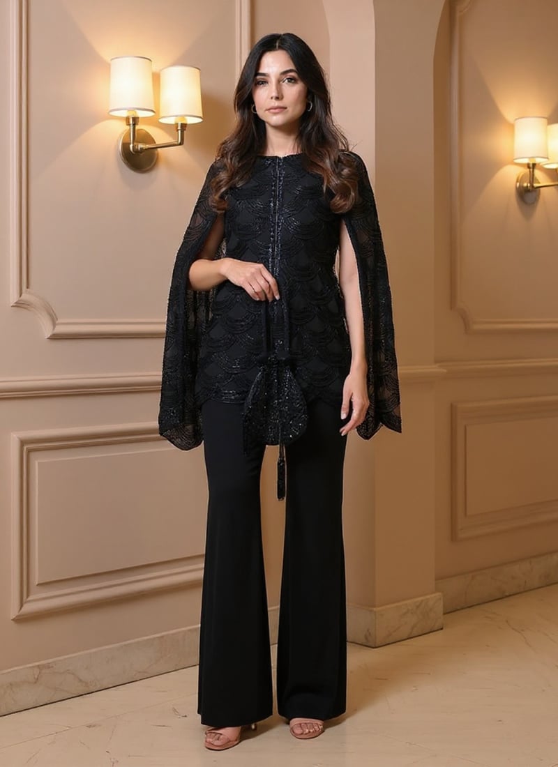 Black Georgette Hand Embroidered Sequins Indowestern Palazzo Set