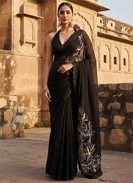 Black Georgette Hand Embroidered Sequins Saree