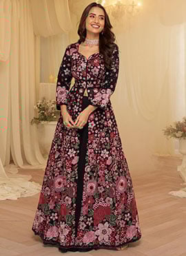 Black Georgette Hand Embroidered Sequins With Beads Work Anarkali Lehenga