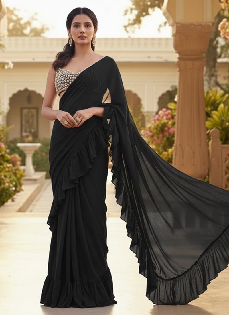 Black Georgette Hand Embroidered Stone And Beads Work Saree Wedding Wear