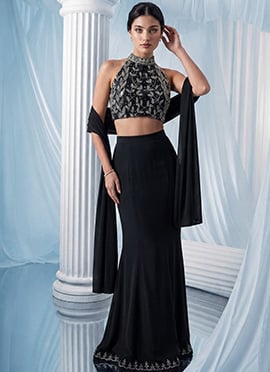 Black Georgette Hand Embroidered Zarkan Cut Dana Lehenga