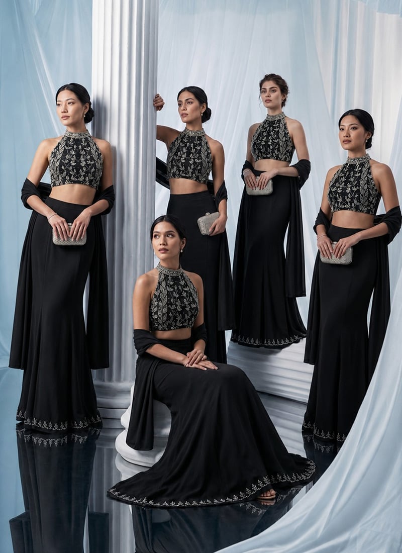 Black Georgette Hand Embroidered Zarkan Cut Dana Lehenga Wedding Wear