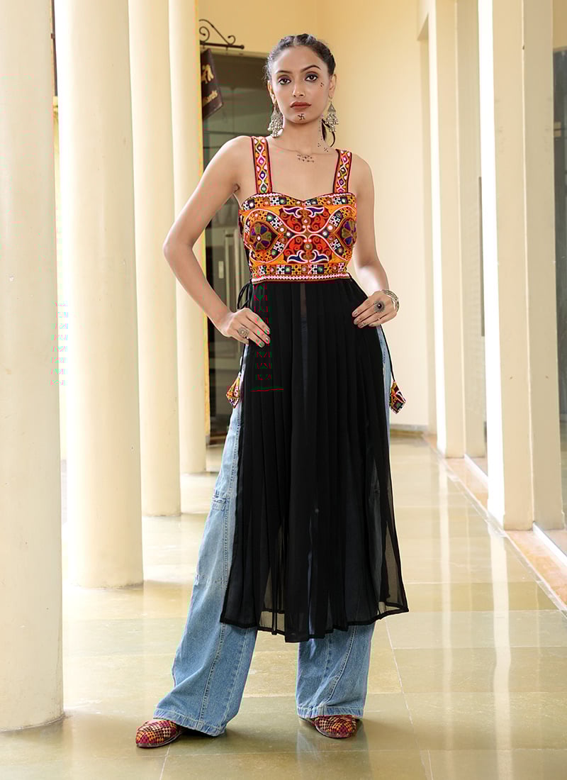 Black Georgette Mirror And Kutch Work Tunic Festive Wear