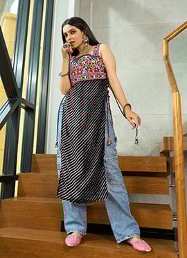 Black Georgette Mirror Kutch Leheriya Print Tunic