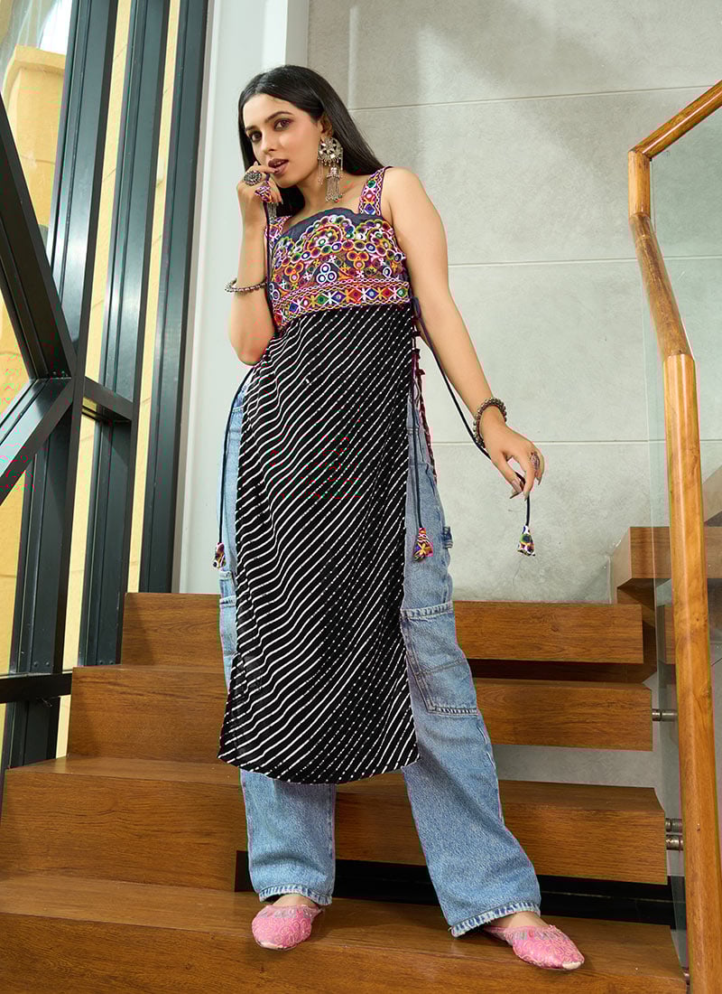Black Georgette Mirror Kutch Leheriya Print Tunic Festive Wear