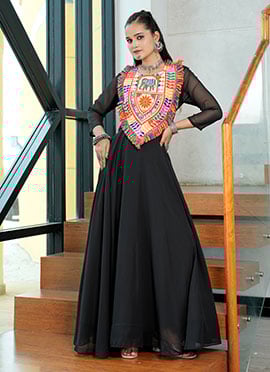 Black Georgette Mirror Kutch Work Anarkali Gown