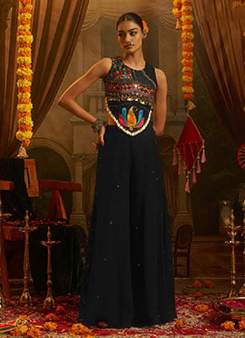 Black Georgette Mirror Work Indowestern Dandiya Nights Palazzo Set