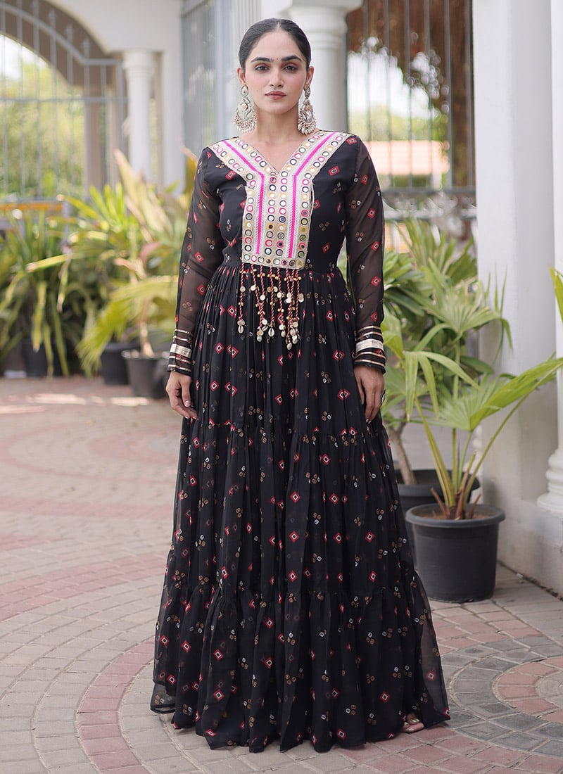 Black Georgette Printed Kutchi Patch Work Indowestern Gown Festive Wear