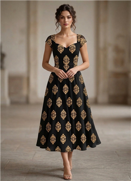 Black Georgette Printed Midi Dress