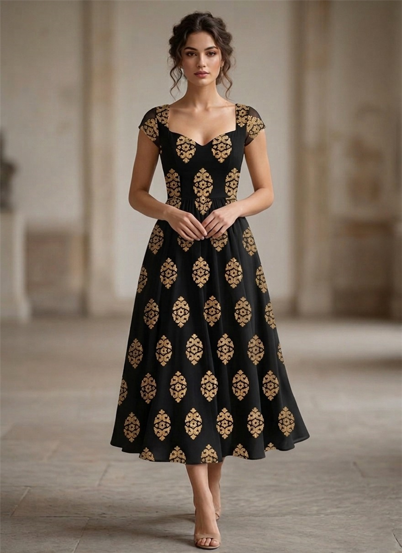 Black Georgette Printed Midi Dress After Six Wear